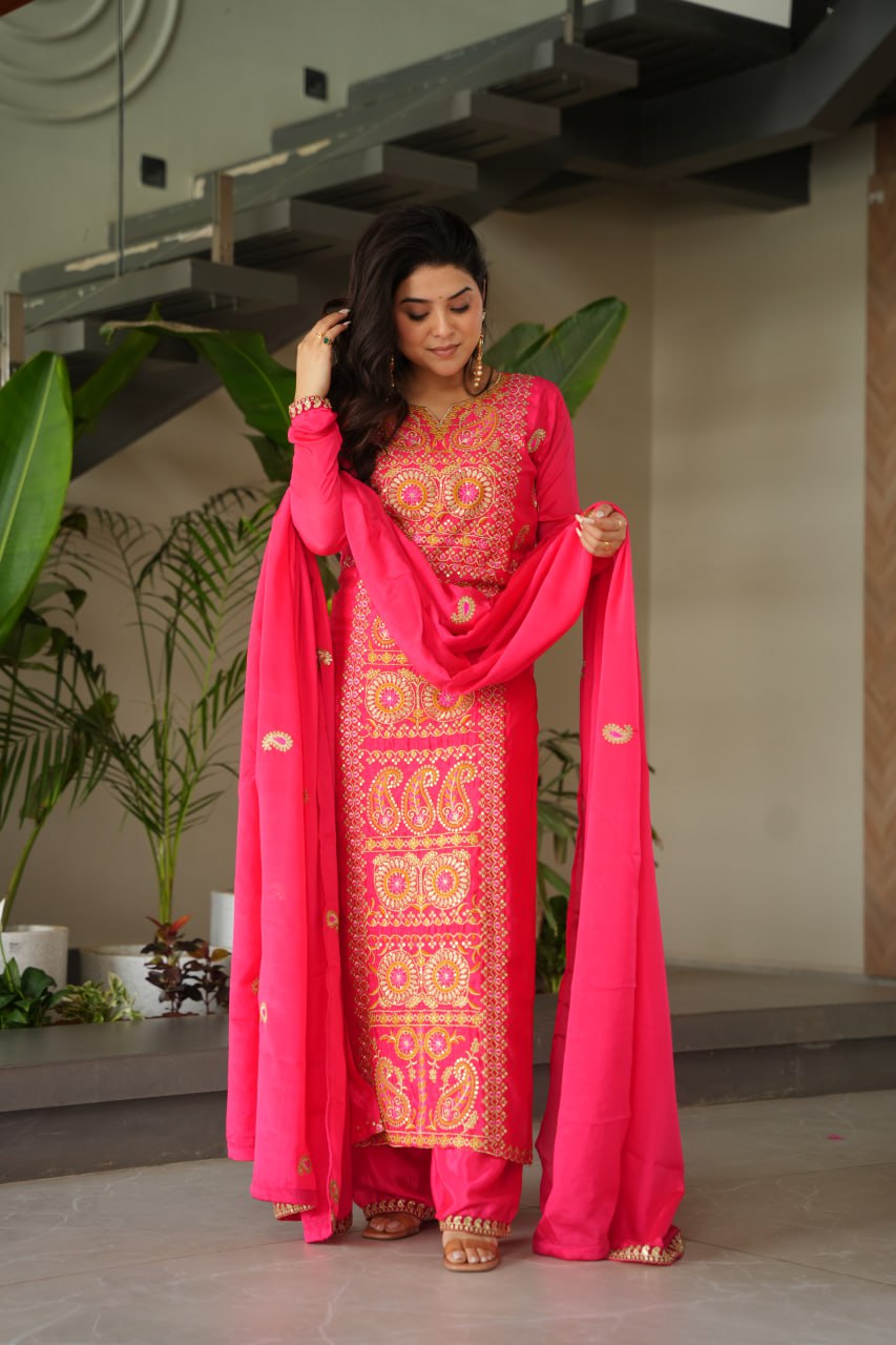 Treditional Wear Pink Color Embroidered Suit Set