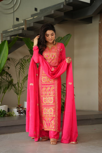 Treditional Wear Pink Color Embroidered Suit Set