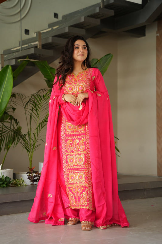 Treditional Wear Pink Color Embroidered Suit Set