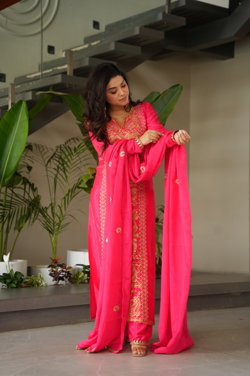 Treditional Wear Pink Color Embroidered Suit Set