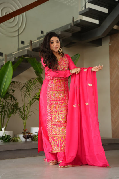 Treditional Wear Pink Color Embroidered Suit Set
