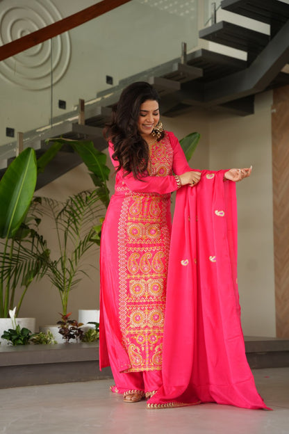 Treditional Wear Pink Color Embroidered Suit Set