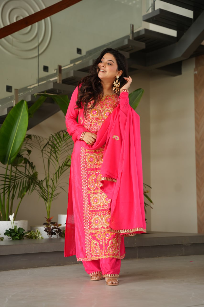 Treditional Wear Pink Color Embroidered Suit Set