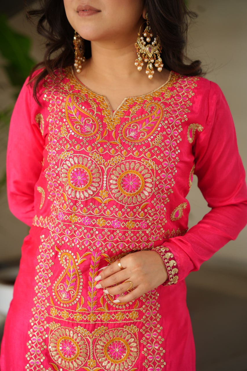 Treditional Wear Pink Color Embroidered Suit Set