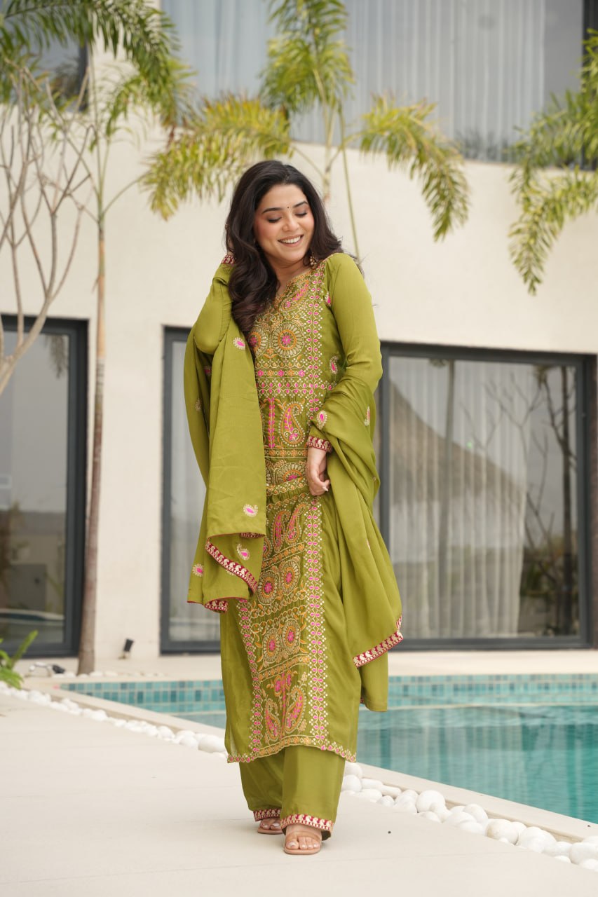 Occasion Wear Green Color Embroidered  Salawar Suit Set