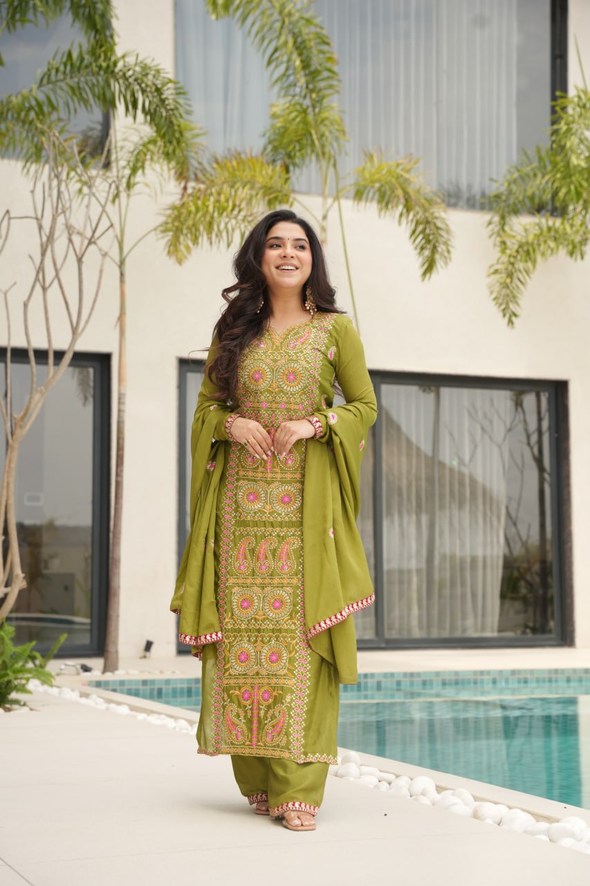 Occasion Wear Green Color Embroidered  Salawar Suit Set