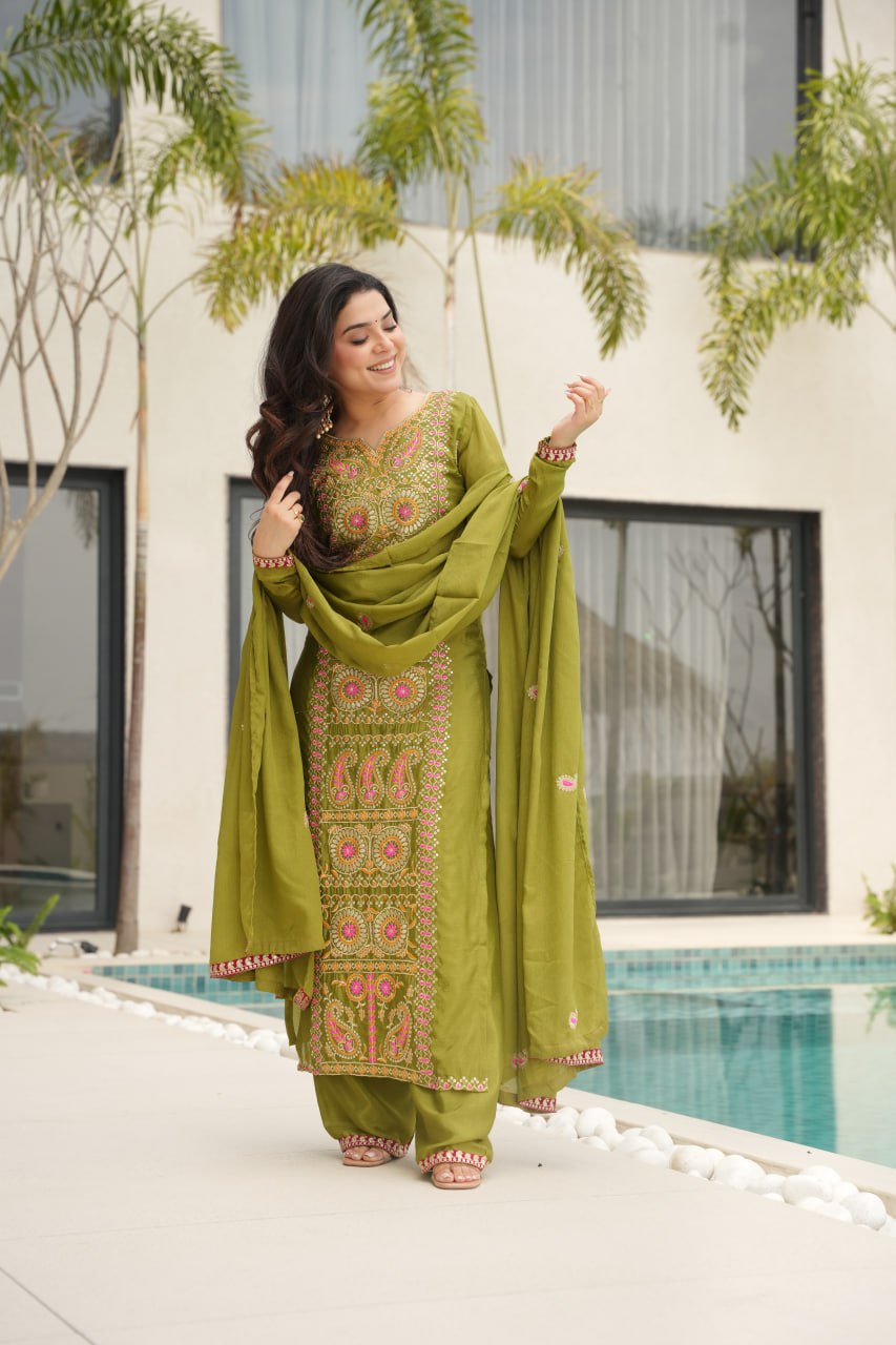 Occasion Wear Green Color Embroidered  Salawar Suit Set