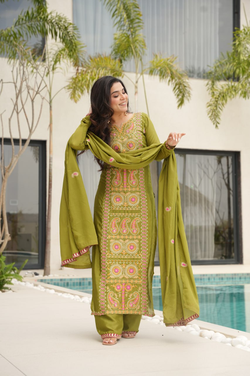 Occasion Wear Green Color Embroidered  Salawar Suit Set