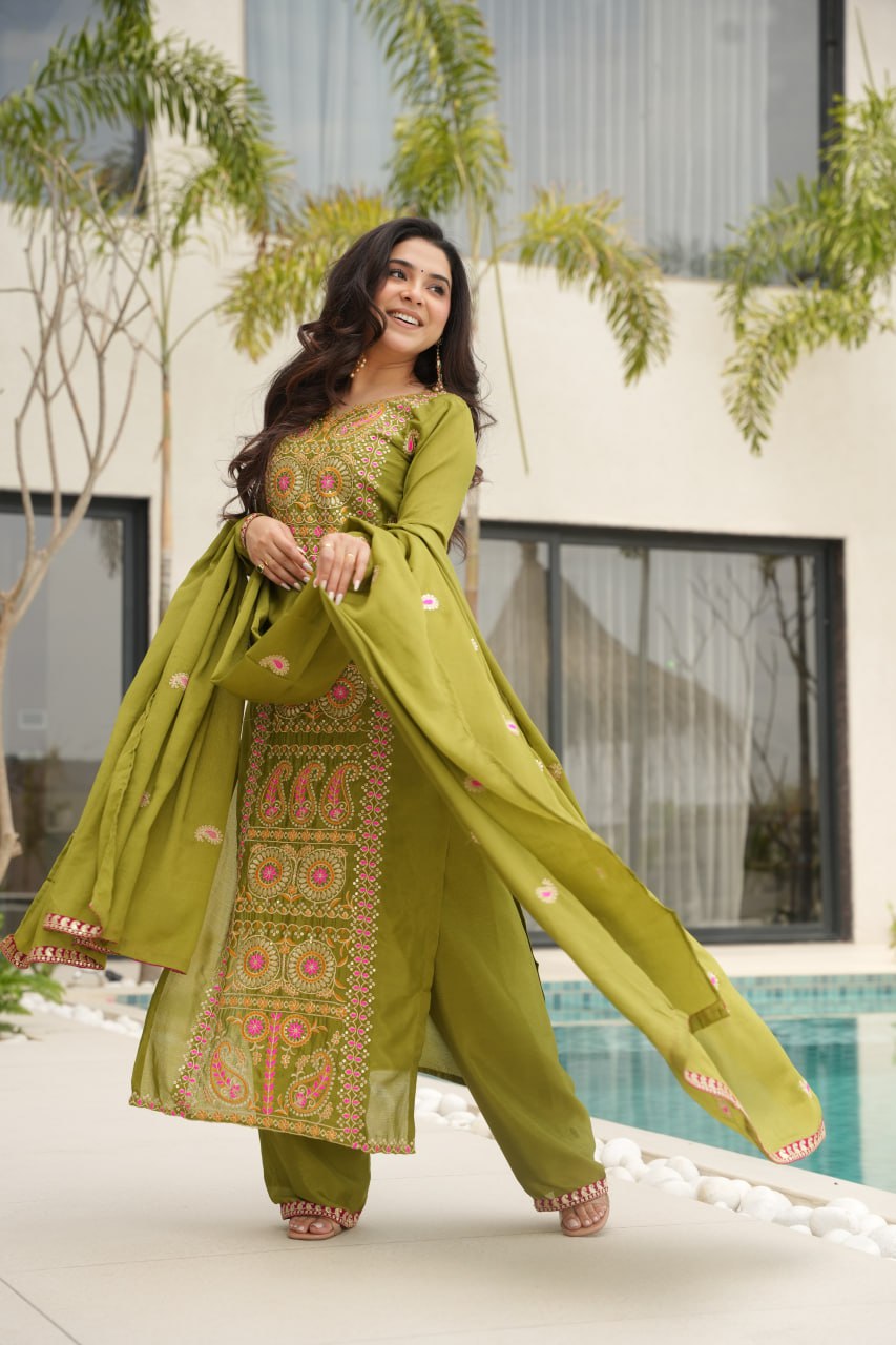 Occasion Wear Green Color Embroidered  Salawar Suit Set