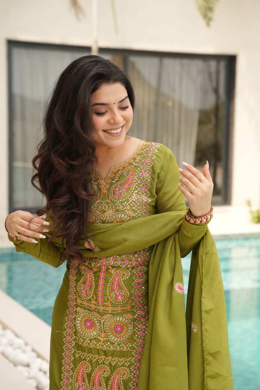 Occasion Wear Green Color Embroidered  Salawar Suit Set