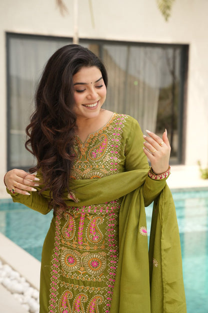 Occasion Wear Green Color Embroidered  Salawar Suit Set