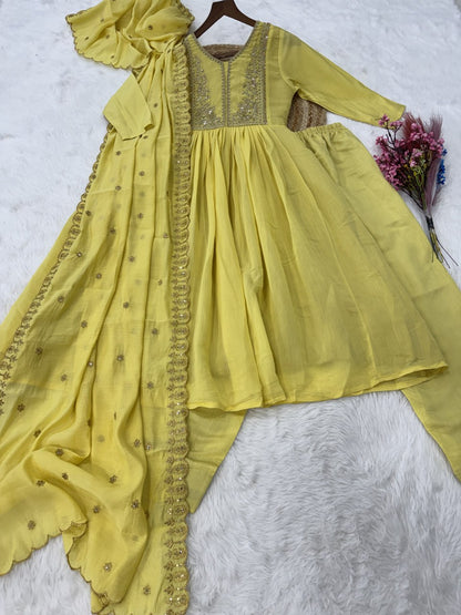 Festive Wear Yellow Color Beads Embroidery Work Gown With Dupatta