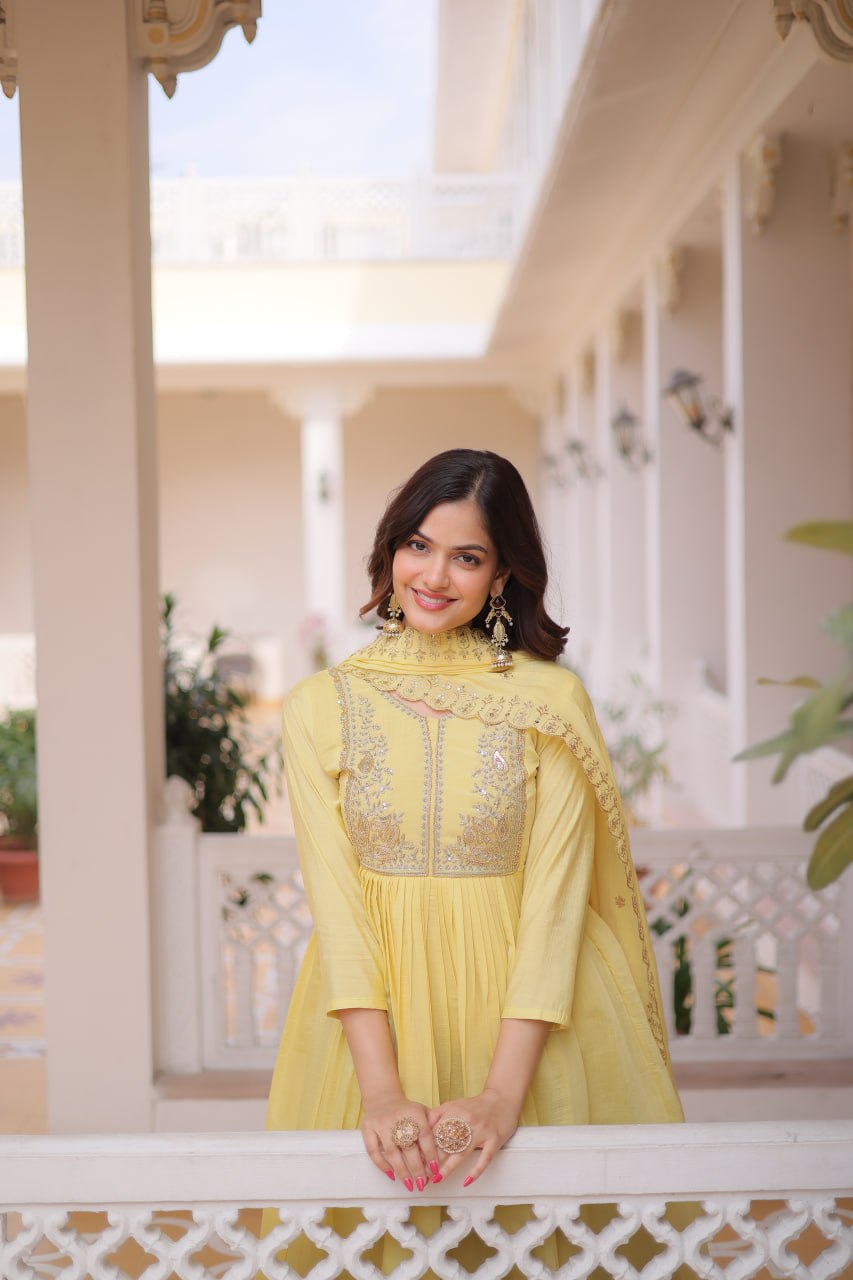 Festive Wear Yellow Color Beads Embroidery Work Gown With Dupatta