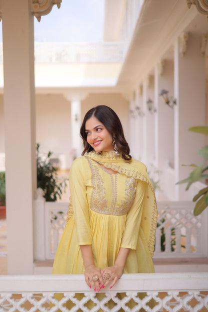 Festive Wear Yellow Color Beads Embroidery Work Gown With Dupatta