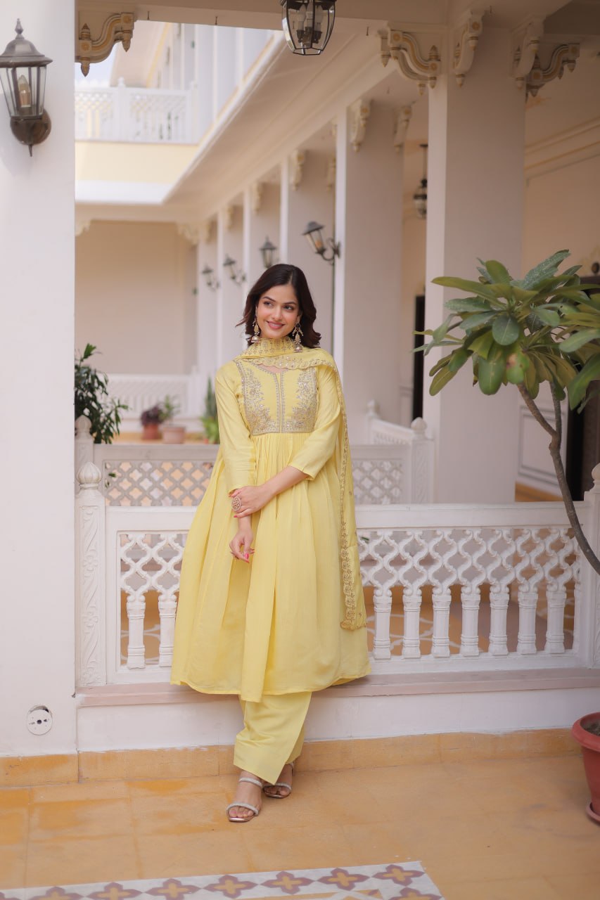 Festive Wear Yellow Color Beads Embroidery Work Gown With Dupatta