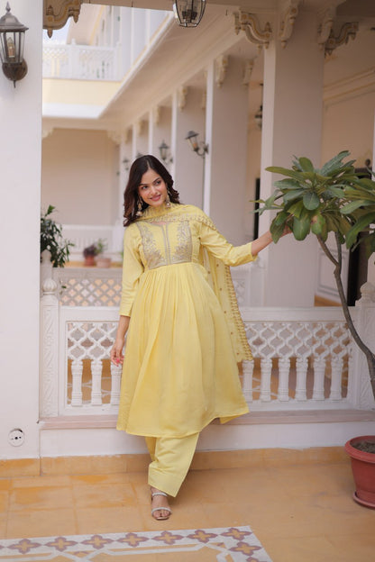 Festive Wear Yellow Color Beads Embroidery Work Gown With Dupatta