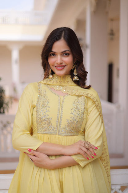 Festive Wear Yellow Color Beads Embroidery Work Gown With Dupatta