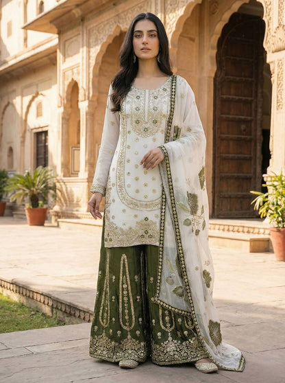Wedding Wear Green Color Embroidery Sequence Work Palazzo Suit
