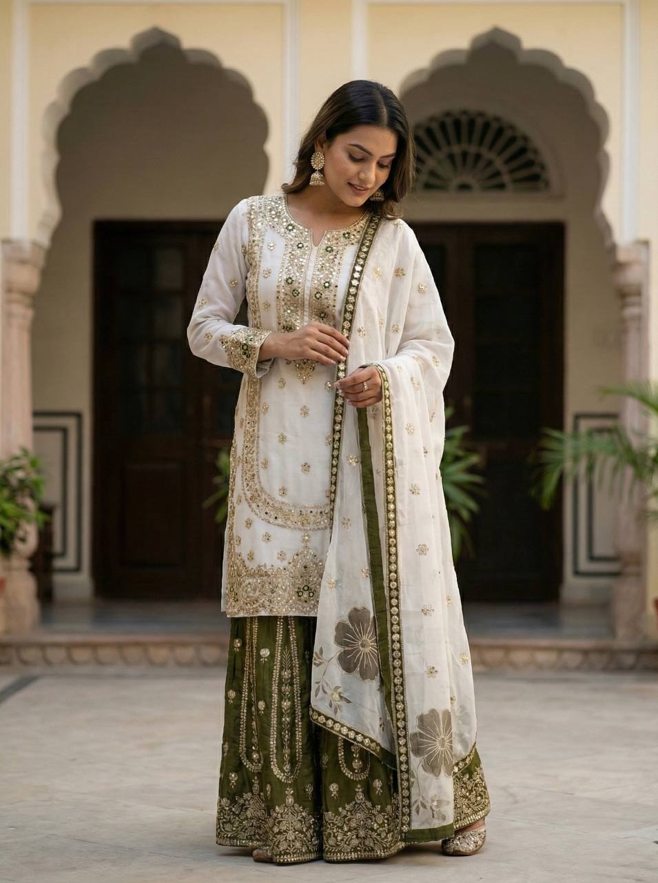 Wedding Wear Green Color Embroidery Sequence Work Palazzo Suit