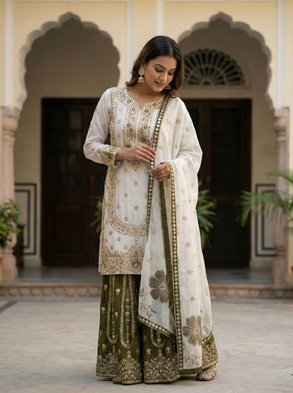 Wedding Wear Green Color Embroidery Sequence Work Palazzo Suit