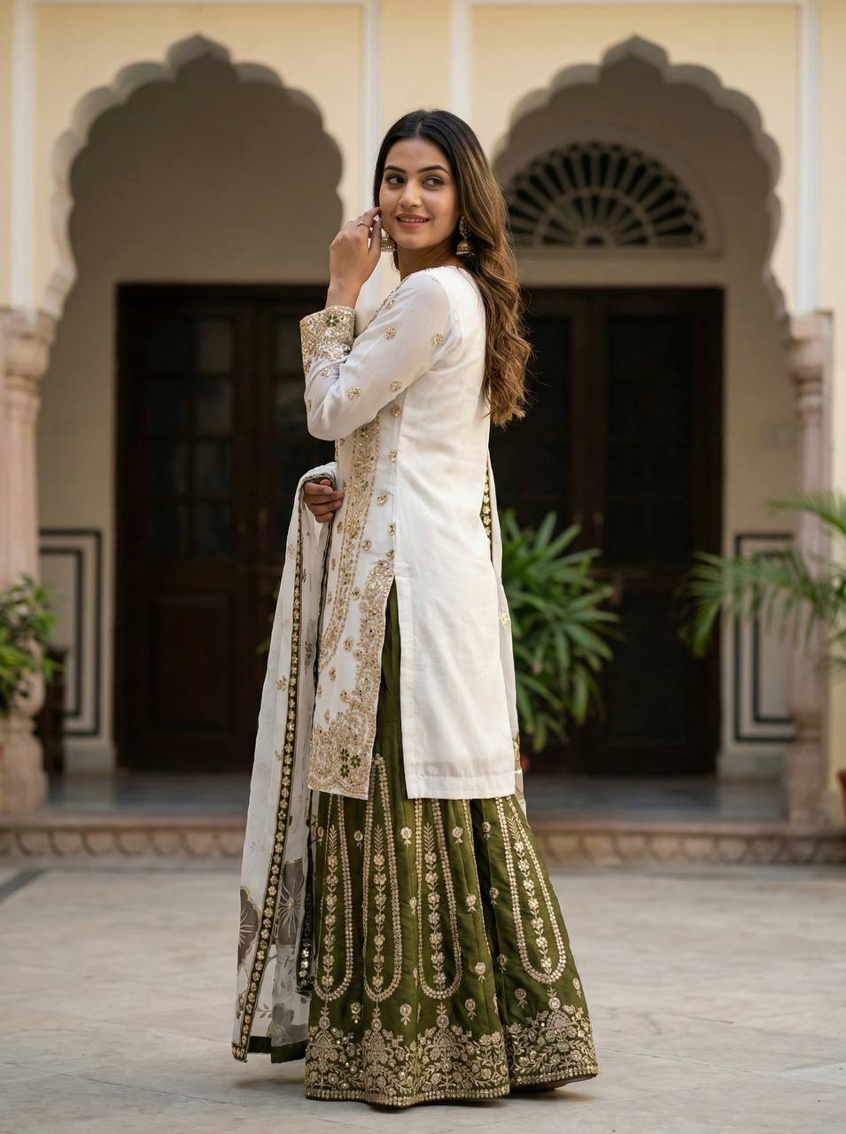 Wedding Wear Green Color Embroidery Sequence Work Palazzo Suit