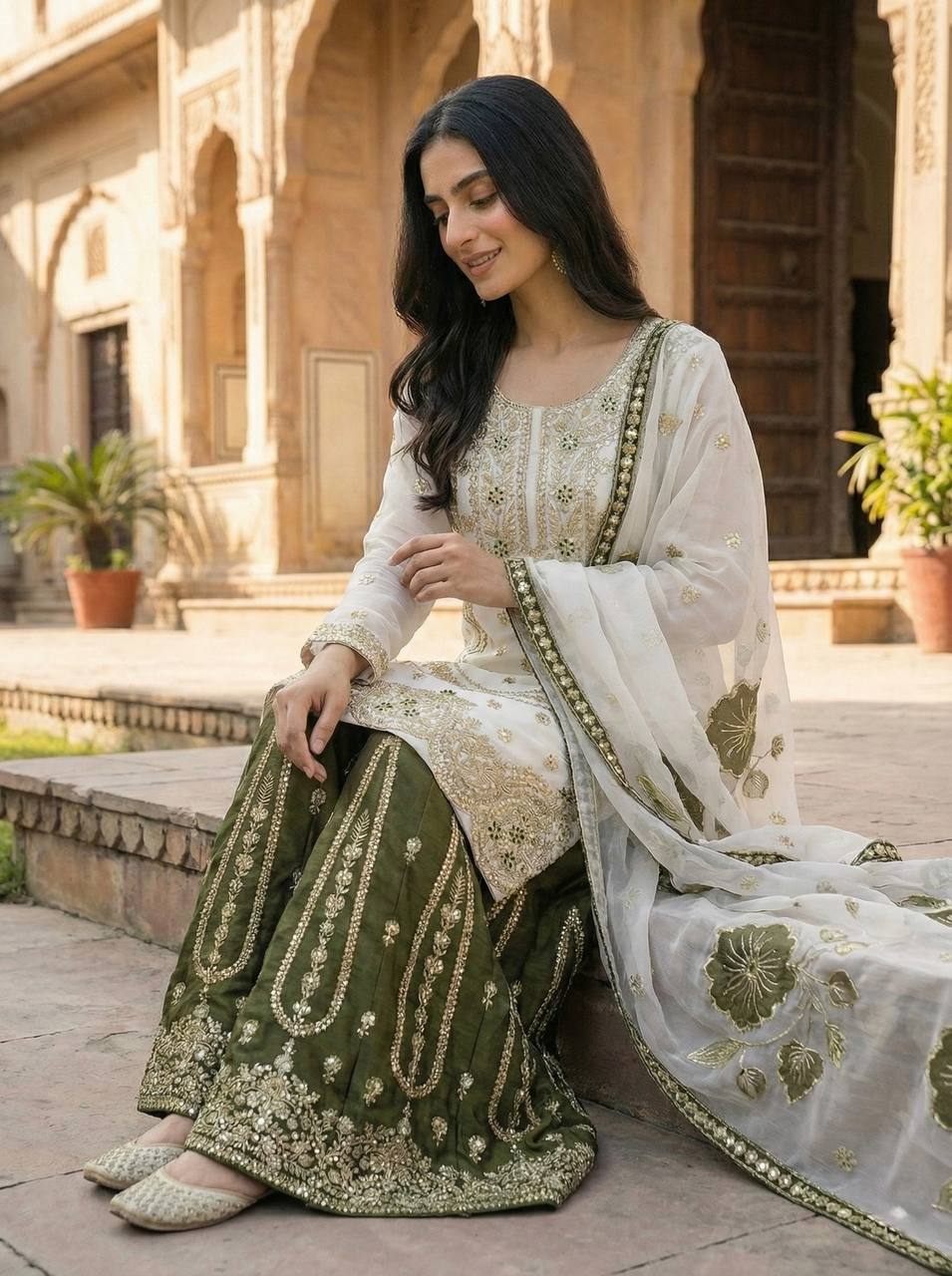 Wedding Wear Green Color Embroidery Sequence Work Palazzo Suit