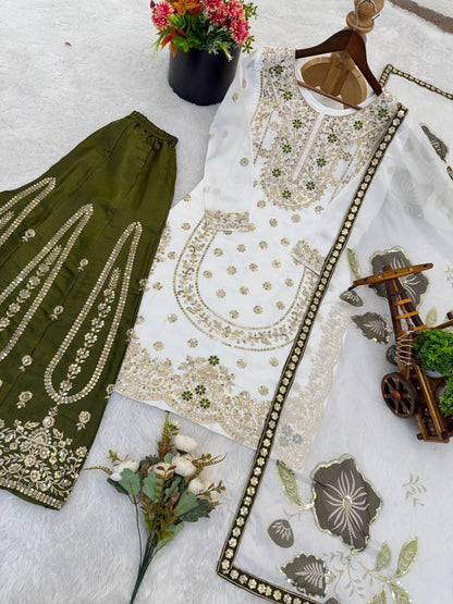 Wedding Wear Green Color Embroidery Sequence Work Palazzo Suit