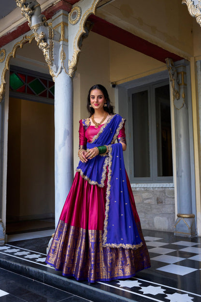 South Indian Wear Pink Color Narayan Pattu With Zari Weaving Work Lehenga Choli