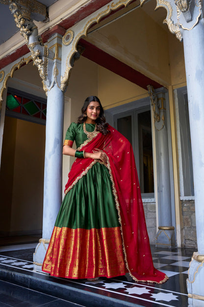 South Indian Wear Green Color Narayan Pattu With Zari Weaving Work Lehenga Choli