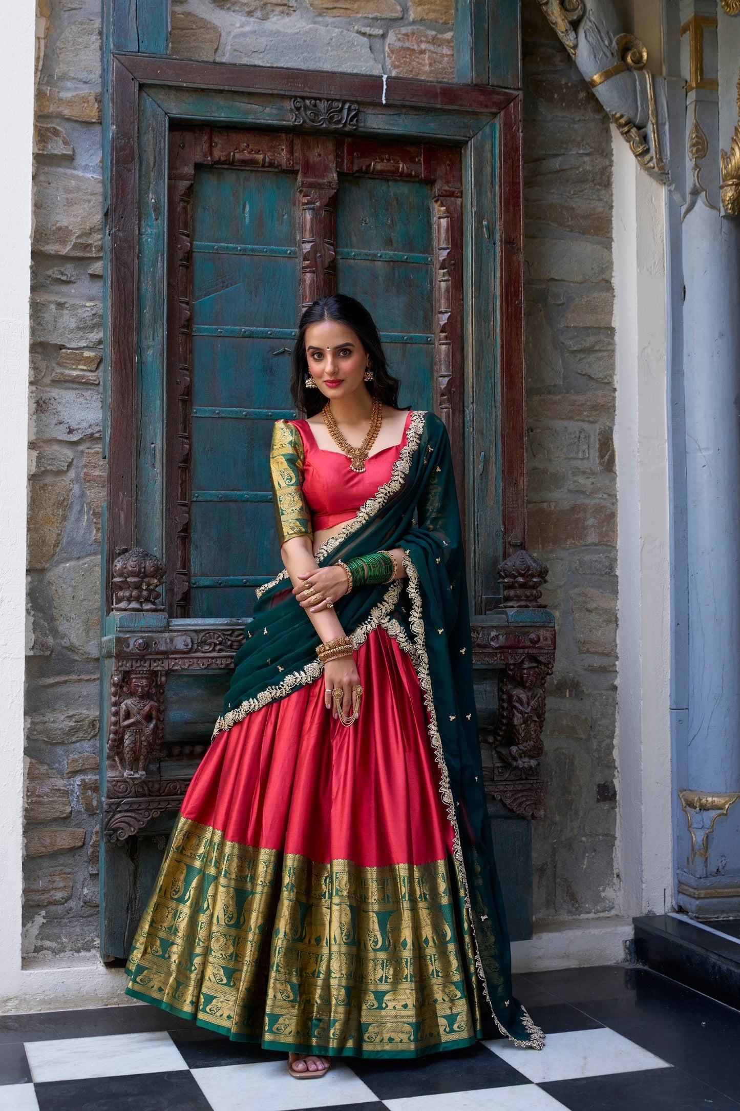 South Indian Wear Red Color Narayan Pattu With Zari Weaving Work Lehenga Choli