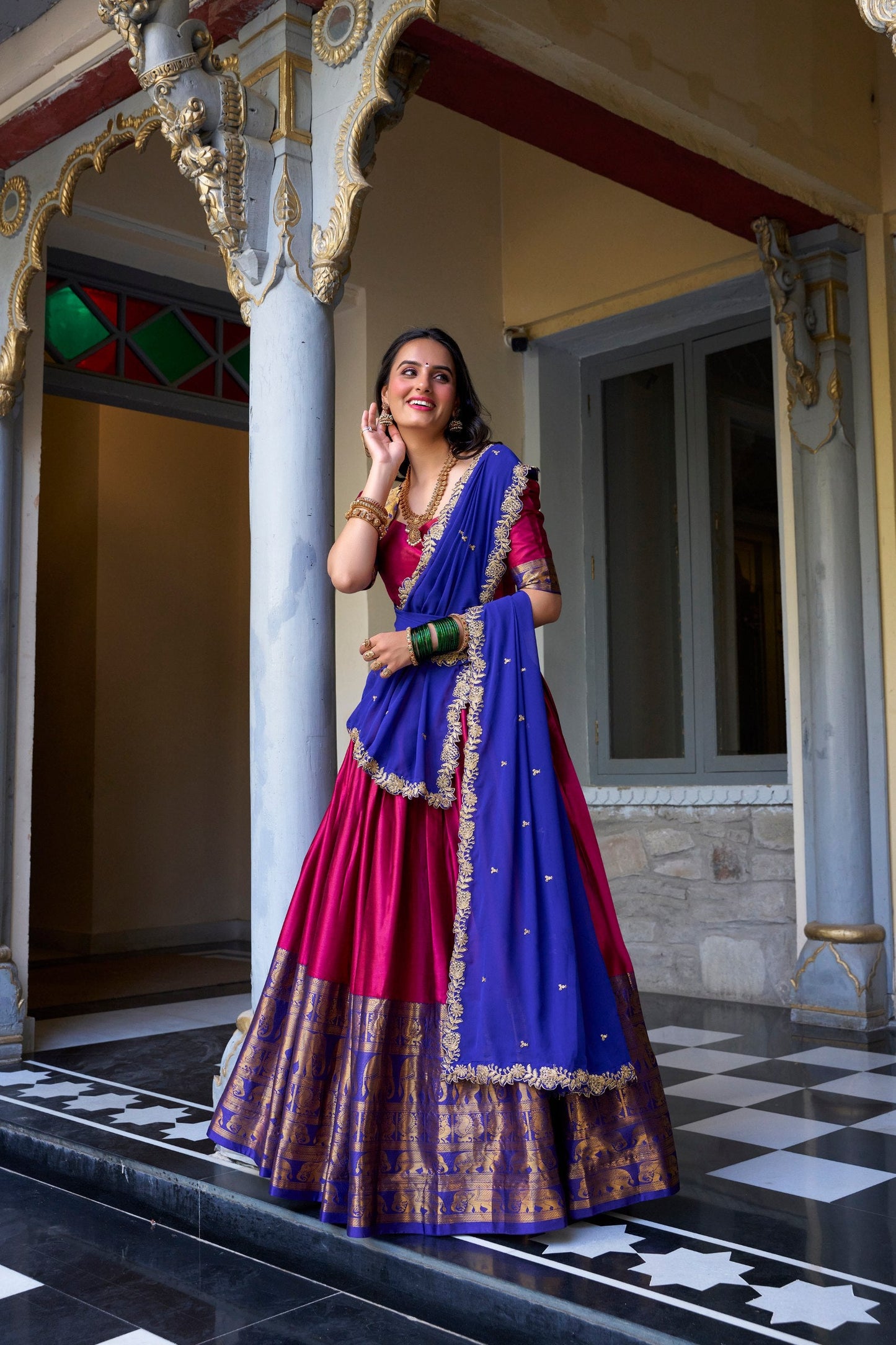 South Indian Wear Pink Color Narayan Pattu With Zari Weaving Work Lehenga Choli