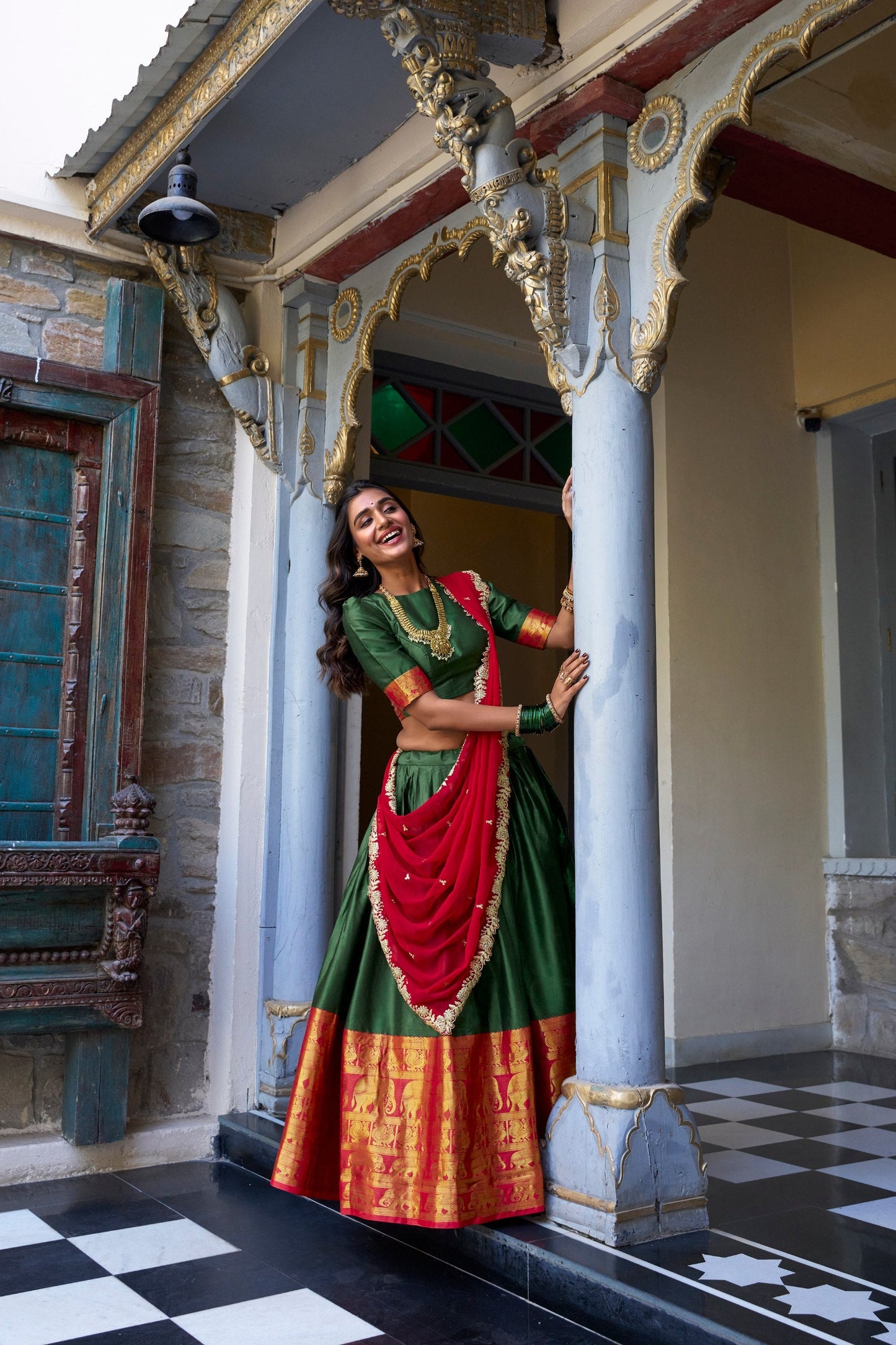 South Indian Wear Green Color Narayan Pattu With Zari Weaving Work Lehenga Choli