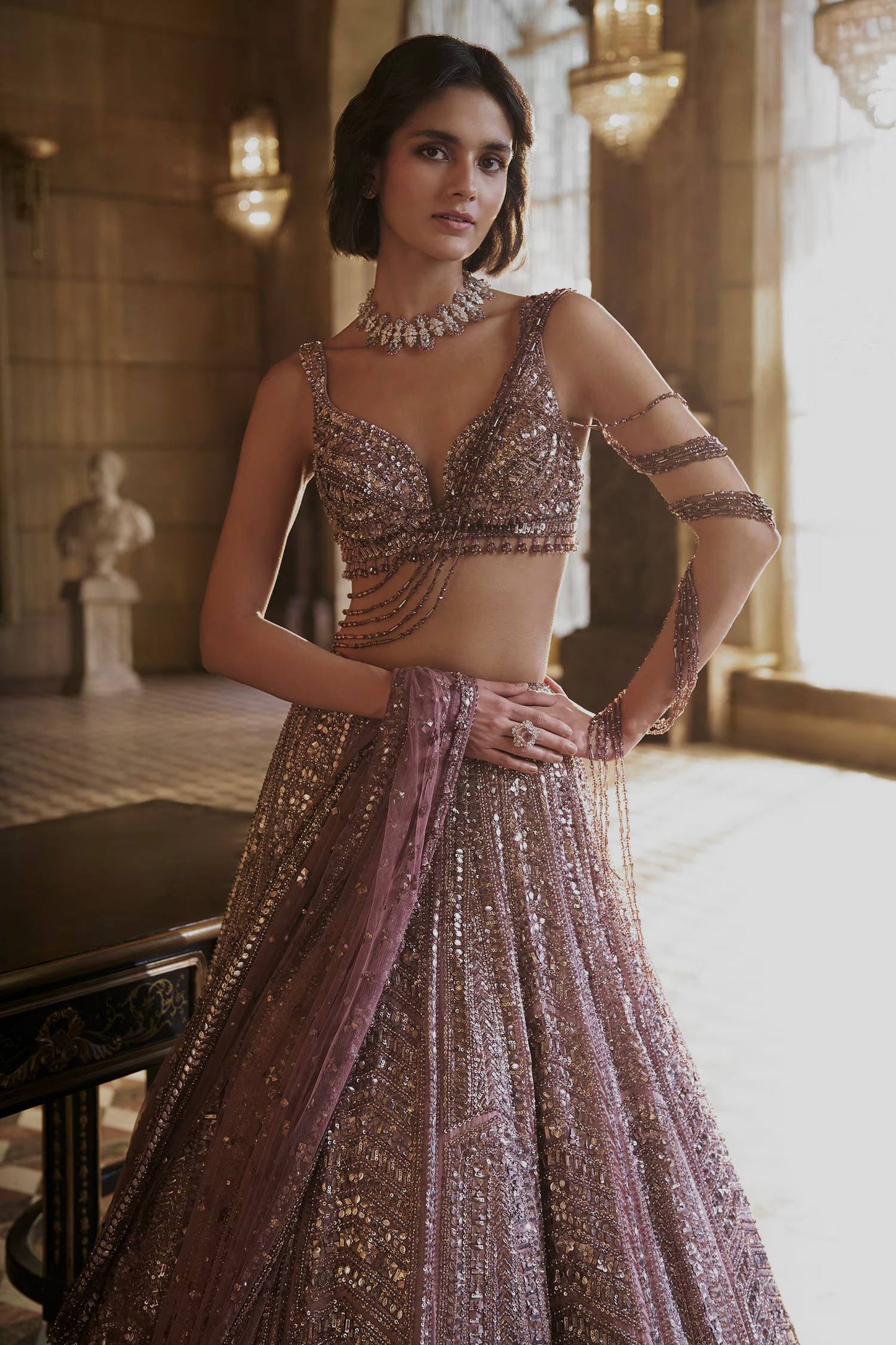 Reception Wear Purple Color Thread Embroidered Work Lehenga Choli