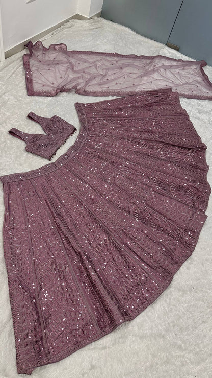 Reception Wear Purple Color Thread Embroidered Work Lehenga Choli