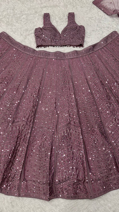 Reception Wear Purple Color Thread Embroidered Work Lehenga Choli