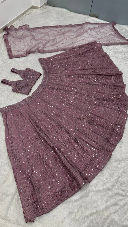 Reception Wear Purple Color Thread Embroidered Work Lehenga Choli