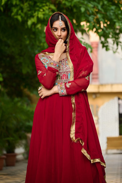 Ceremony Wear Maroon Color Faux Blooming With Sequins And Multi Thread Embroidered Work Beautiful Gown