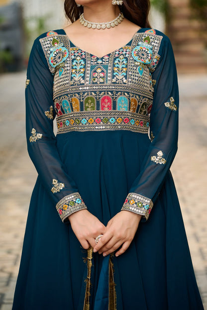 Function Wear Rama Color Faux Blooming With Sequins And Multi Thread Embroidered Work Beautiful Gown