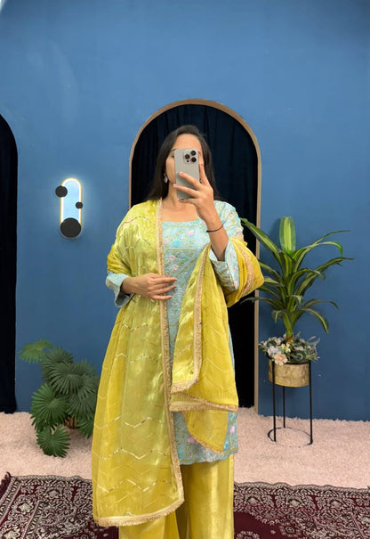 Party Wear Mustard And Green Jimmy Choo With Front And Back Side Embroidery Work Palazzo Suit