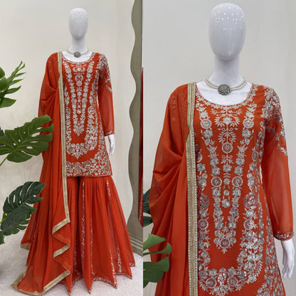 Party Wear Orange Color Faux Georgette Thread With Sequin Embroidery Work Sharara Suit