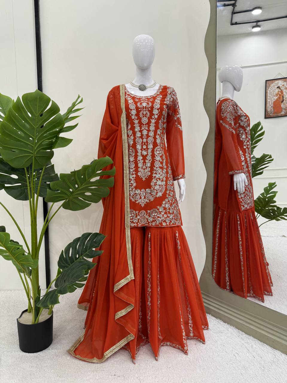Party Wear Orange Color Faux Georgette Thread With Sequin Embroidery Work Sharara Suit