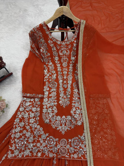Party Wear Orange Color Faux Georgette Thread With Sequin Embroidery Work Sharara Suit