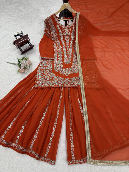 Party Wear Orange Color Faux Georgette Thread With Sequin Embroidery Work Sharara Suit