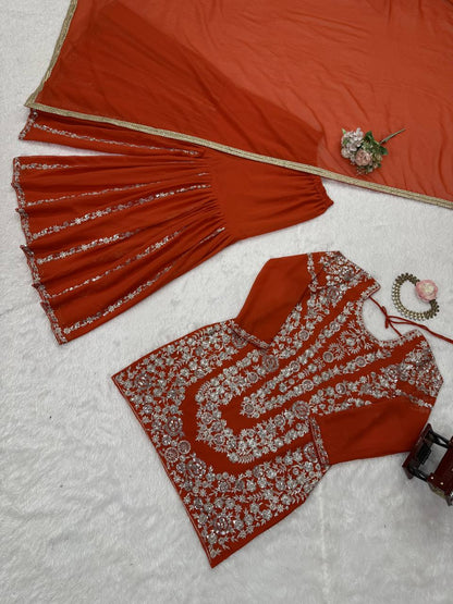 Party Wear Orange Color Faux Georgette Thread With Sequin Embroidery Work Sharara Suit