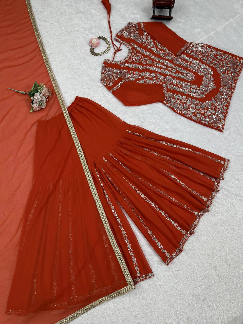 Party Wear Orange Color Faux Georgette Thread With Sequin Embroidery Work Sharara Suit