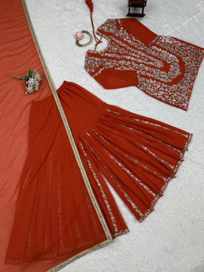Party Wear Orange Color Faux Georgette Thread With Sequin Embroidery Work Sharara Suit