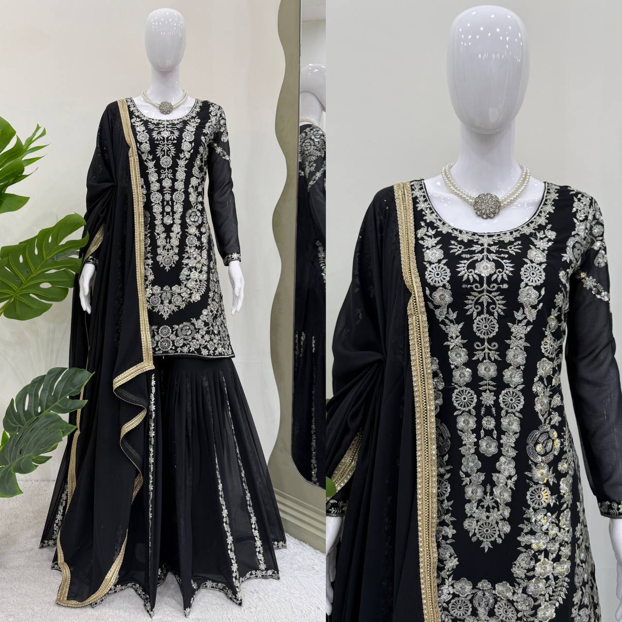 Party Wear Black Color Faux Georgette Thread With Sequin Embroidery Work Sharara Suit