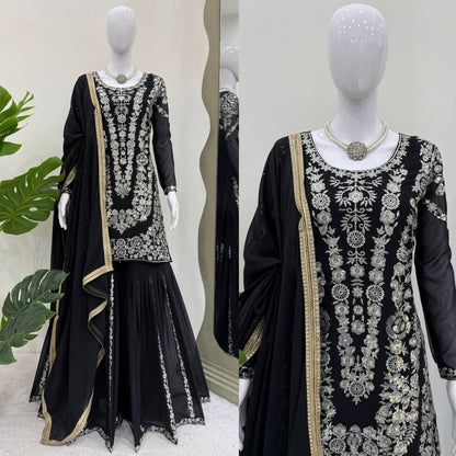 Party Wear Black Color Faux Georgette Thread With Sequin Embroidery Work Sharara Suit