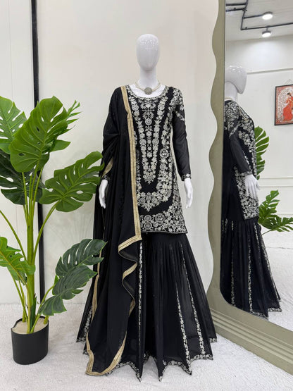 Party Wear Black Color Faux Georgette Thread With Sequin Embroidery Work Sharara Suit