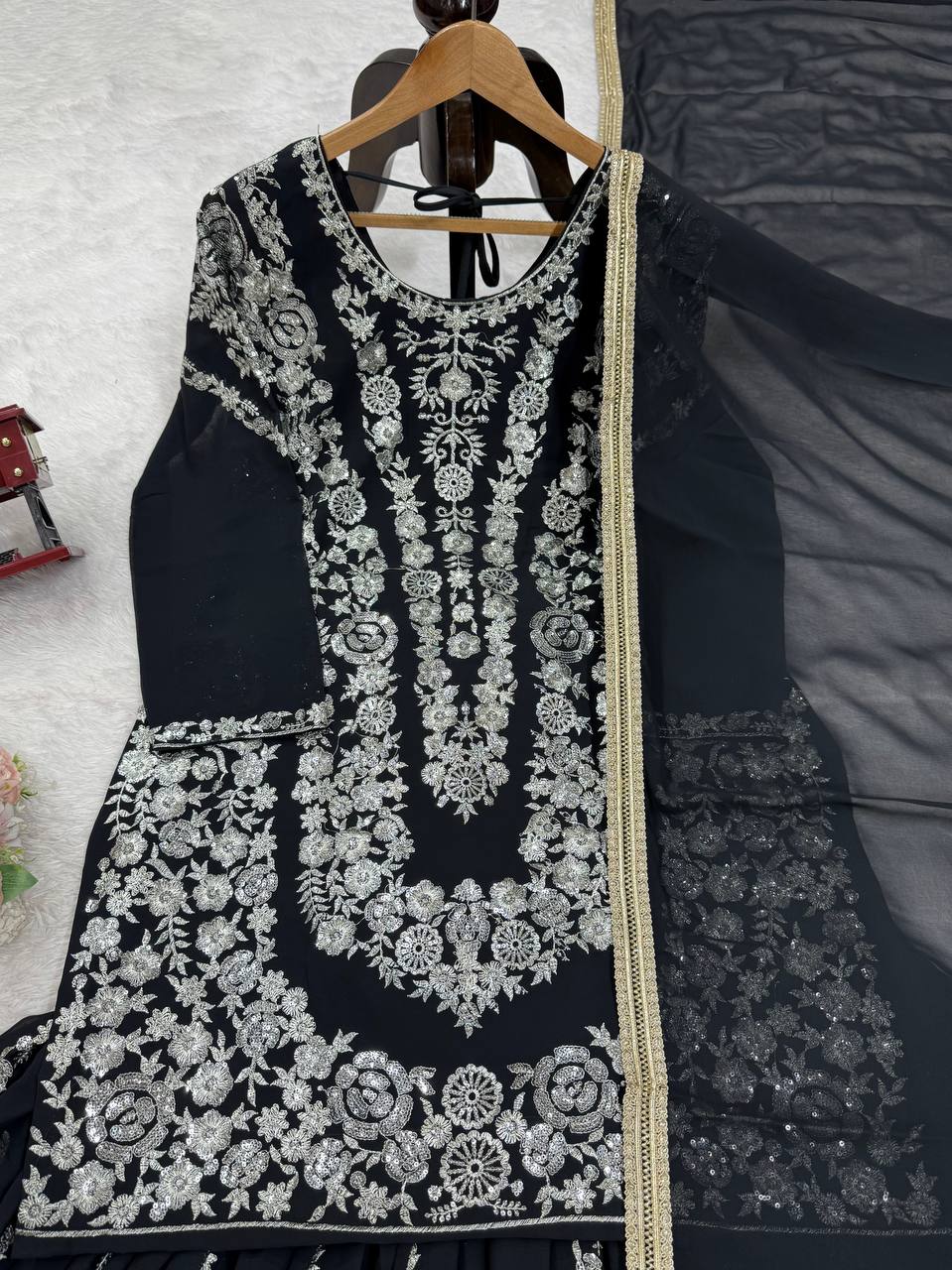 Party Wear Black Color Faux Georgette Thread With Sequin Embroidery Work Sharara Suit